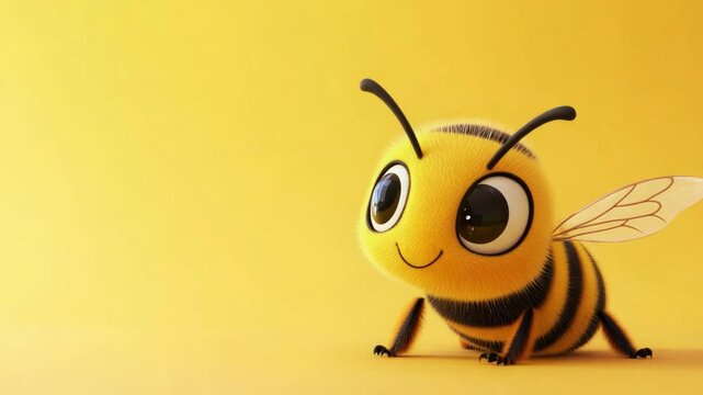 The adorable animated bee features a bright yellow body with black stripes and a friendly smile, set against a vibrant yellow background, copy space