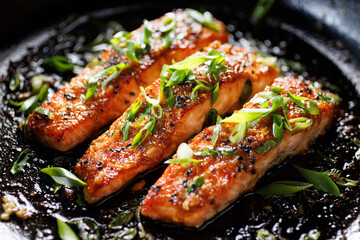 Teriyaki salmon filets sprinkled chopped scallion in a black baking dish, focus on the middle, close up view