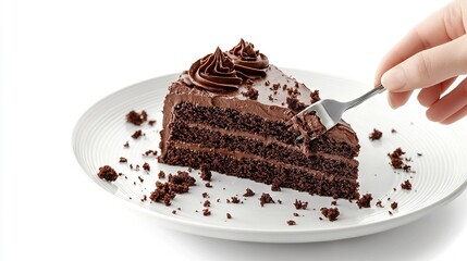   A slice of chocolate cake sits on a white plate with a fork placed in the center, bearing a nibbled-off bite