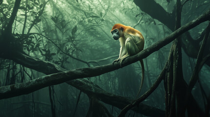 A Proboscis Monkey Resting on a Tree Branch in a Dense Mangrove Forest