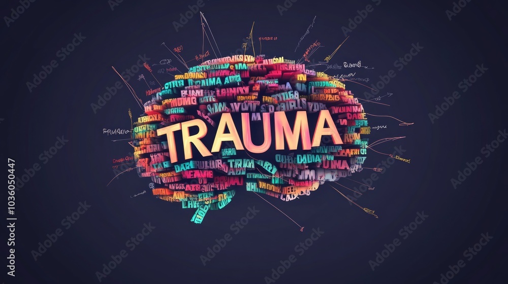 Wall mural a colorful brain graphic illustrating the concept of trauma with related words.