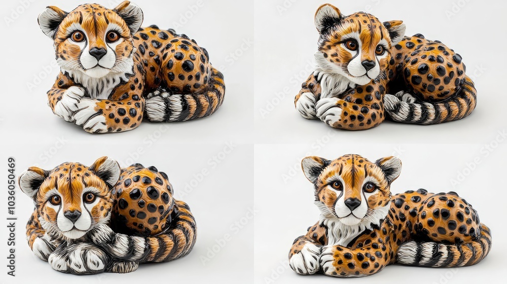 Poster realistic leopard figurines displayed on a white background generative ai