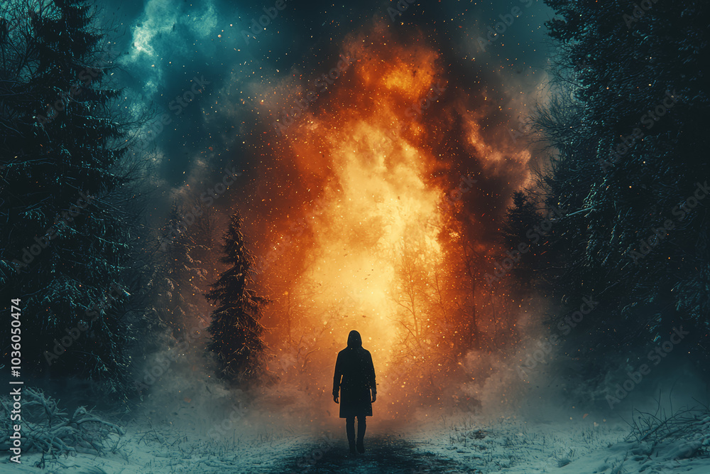 Poster a person walking through a forest that suddenly changes into a desert, symbolizing a shift between t