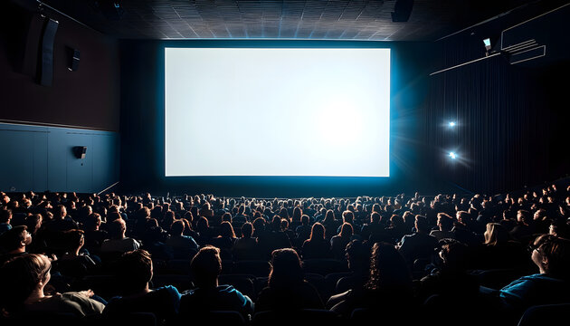large audience watching movie mockup white screen in cinema