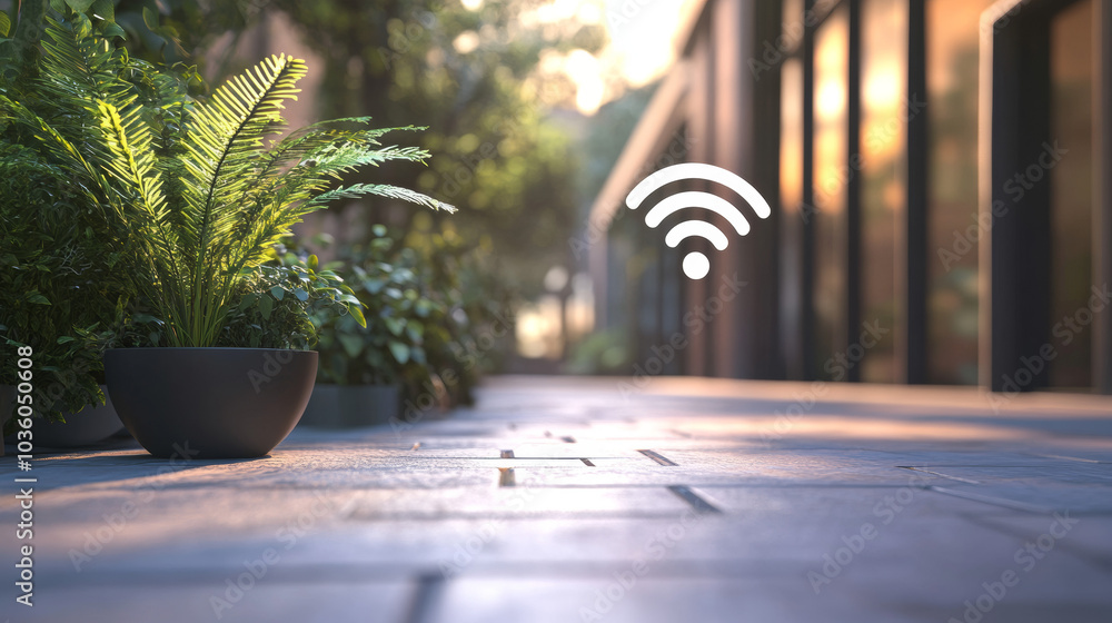 Poster a 3d design showing a wifi symbol next to an office building and some plants. it represents a wirele