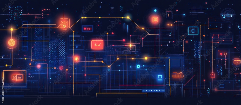 Poster abstract digital network background with glowing lines and icons.