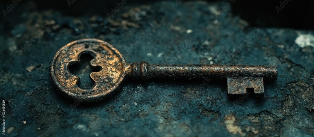 Poster old rusty key on a dark surface.