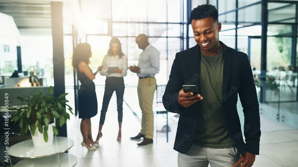 Aufkleber office, businessman and happy with smartphone for chat, text message and connection for communicatio