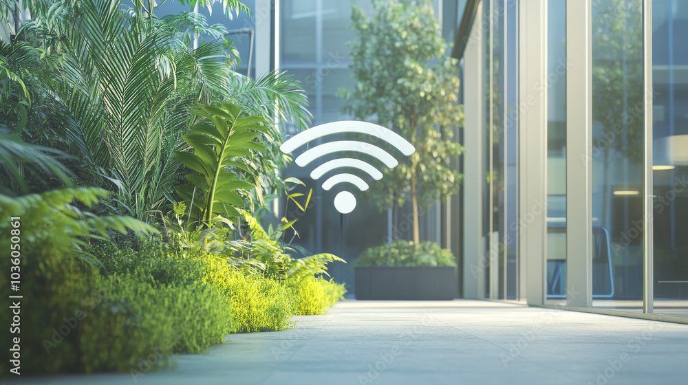 Poster a 3d design showing a wifi symbol next to an office building and some plants. it represents a wirele
