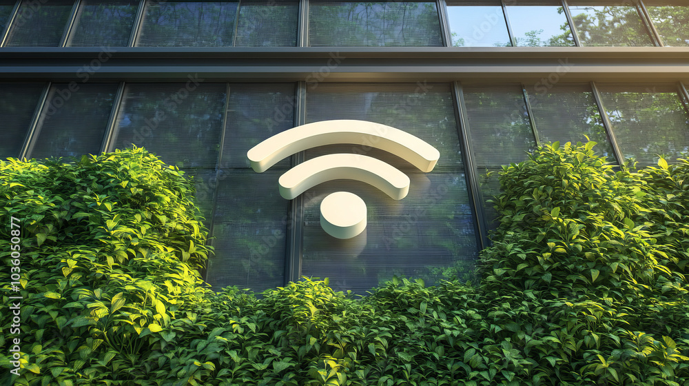 Poster a 3d design showing a wifi symbol next to an office building and some plants. it represents a wirele