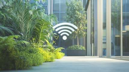 A 3D design showing a wifi symbol next to an office building and some plants. It represents a wireless network and was created using a computer program.