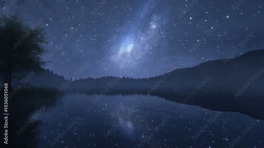 Wall mural night sky reflection on calm lake with milky way galaxy and stars