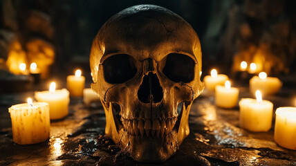 Skull surrounded by lit candles in a dark, eerie setting.