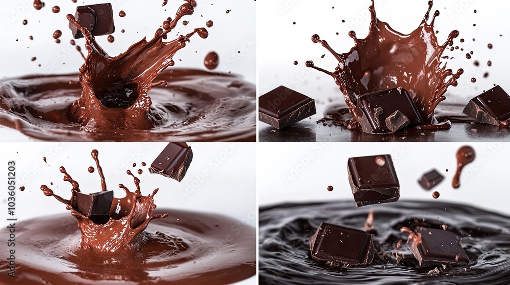 Poster close up of chocolate pieces splashing in rich melted chocolate sauce generative ai