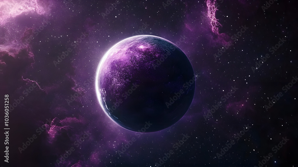 Wall mural a purple planet is floating in space. the sky is filled with stars and the planet is surrounded by a