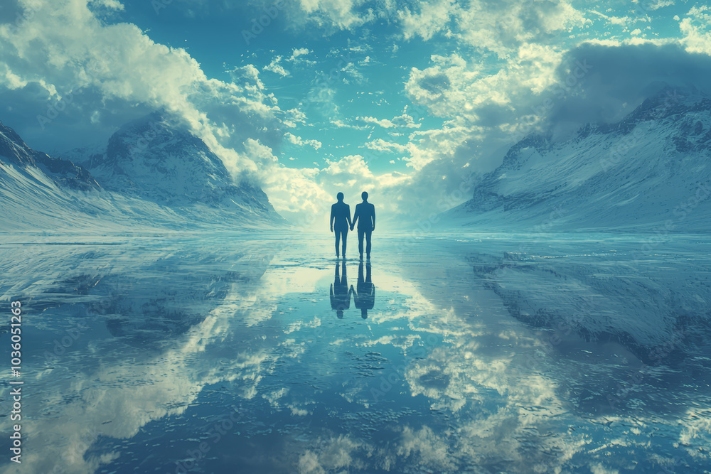 Poster a person meeting their alternate self from a different timeline, representing the idea of parallel l
