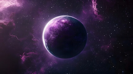 A purple planet is floating in space. The sky is filled with stars and the planet is surrounded by a purple cloud