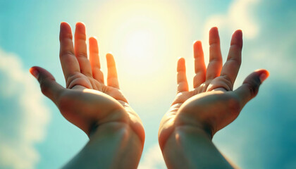Hands Reaching Towards Bright Sunlight, Symbolizing Hope, Freedom, and Renewal Against a Dreamy Sky With Warm Golden Light - Ideal for Wellness and Meditation Themes