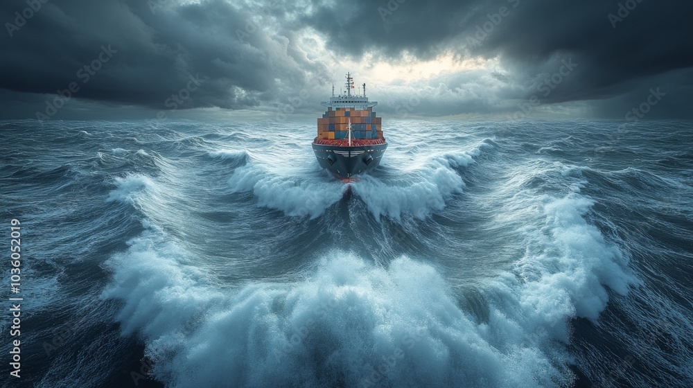 Poster a container ship navigates through turbulent waters as dark clouds loom overhead. the waves crash ag