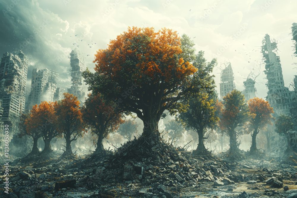Poster a multiverse where earth exists in different forms--one thriving, another in ruin--representing the 