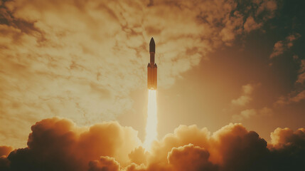 A silhouette of a rocket launching into the sky, with smoke trails behind.