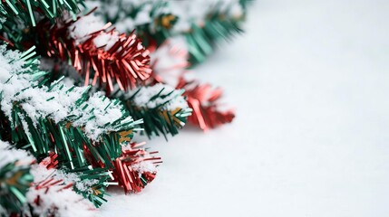 Red and green tinsel on a snow-covered tree, classic Christmas decor