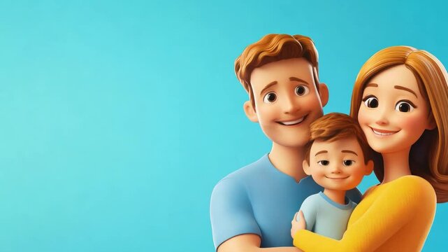 An animated 3d family of three with father, mother, and son smiling brightly, capturing their happiness and togetherness on a blue backdrop with free space