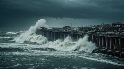 Massive waves crash against a coastal pier, threatening nearby buildings with destruction