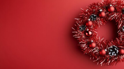 Red tinsel and baubles on a holiday wreath, festive and cheerful, classic decor