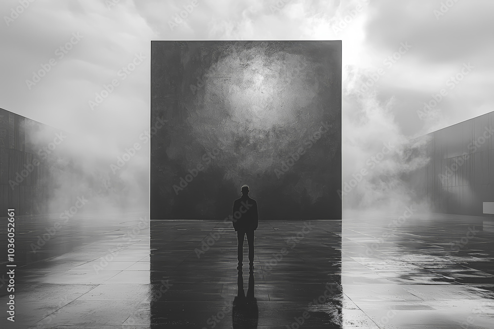 Poster a lone figure standing in front of a large, empty canvas, representing potential and creativity. con