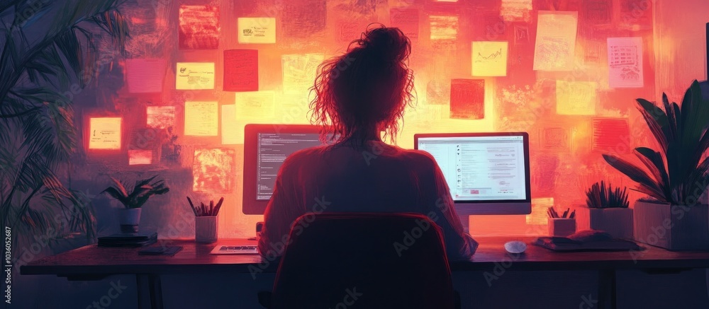 Poster a woman sits at a desk in front of two computer monitors, working in a dimly lit room with a wall co