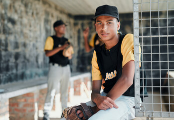 Baseball, player and portrait on field dugout for match exercise, competition workout or sport confidence. Teenage club, boy athlete or fitness outdoor for performance, training or softball challenge