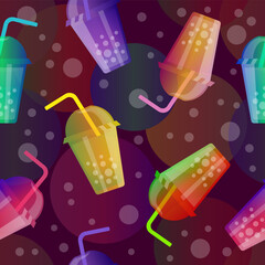 Tasty smoothie cup flat cartoon seamless pattern on bright background. Vector illustration. Sweet sticker for street food, confectionery, bar, restaurants, snacks.	