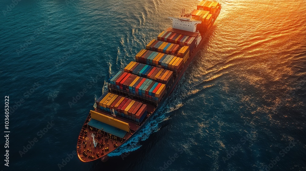 Poster A large cargo vessel moves smoothly across tranquil waters as the sun sets in the background, illuminating colorful shipping containers on board and creating a serene atmosphere.