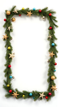 rectangle christmas wreath shiny stars colorful orbs white background frame sizes