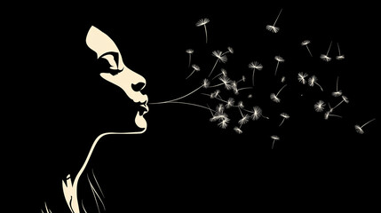 A silhouette of a person blowing dandelion seeds into the air, with the seeds floating away.
