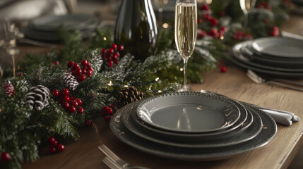A beautiful Christmas table is set with a festive garland, champagne, and elegant gray plates. The scene is perfect for a family holiday dinner party.