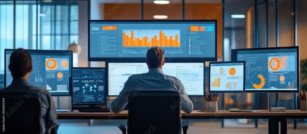 Poster two businessmen working at their desks, looking at data on multiple computer monitors in an office s