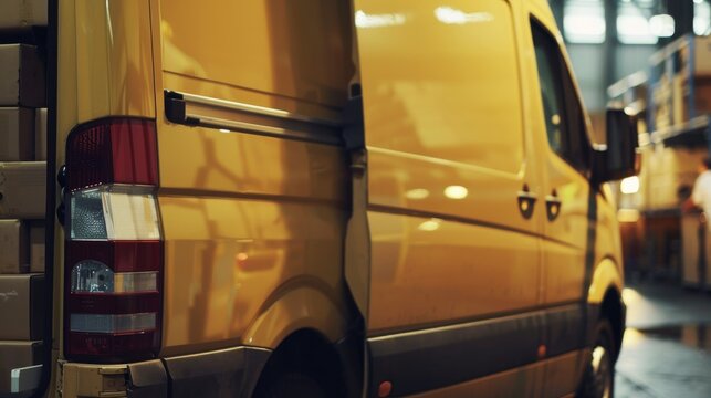 A delivery van loading packages in a busy city depot, logistics setting with stacked boxes and delivery personnel, Cinematic style