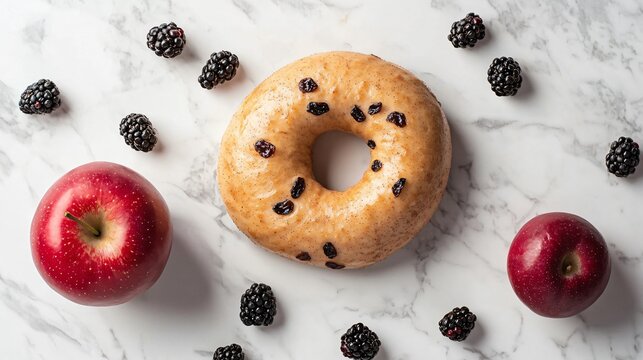 A cinnamon raisin bagel on a white marble slab, surrounded by a few scattered blackberries and a single red apple in a minimalist kitchen