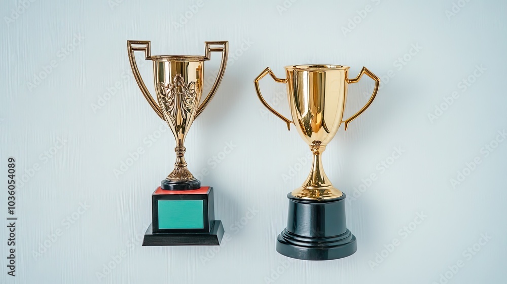 Poster shiny gold trophy cups displayed on a light background generative ai