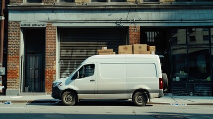 A delivery van loading packages, urban setting with warehouses, Documentary style