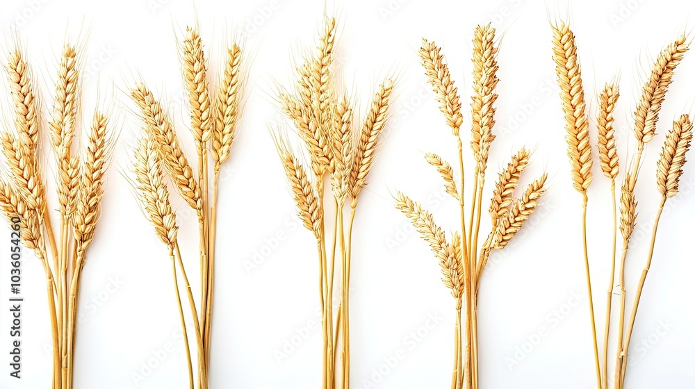 Poster golden wheat stalks arranged in an artistic display on a white surface generative ai