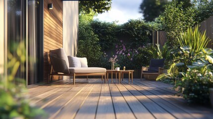 Naklejka premium Charming Outdoor Wooden Deck Furniture Against Lush Greenery at a UK Home, 2022. Generative AI