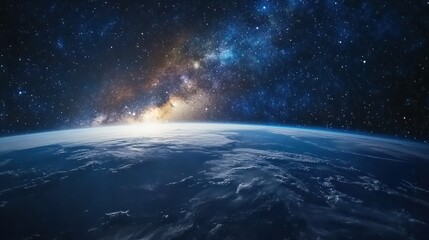 Stunning view of Earth from space with the Milky Way galaxy in the background, stars scattered...