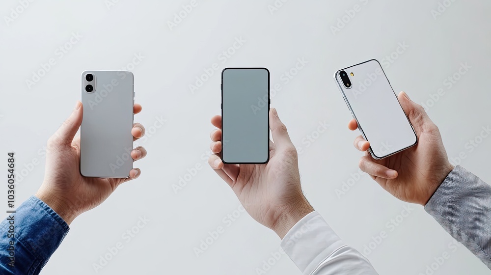Poster hands holding three smartphones in a bright modern setting generative ai