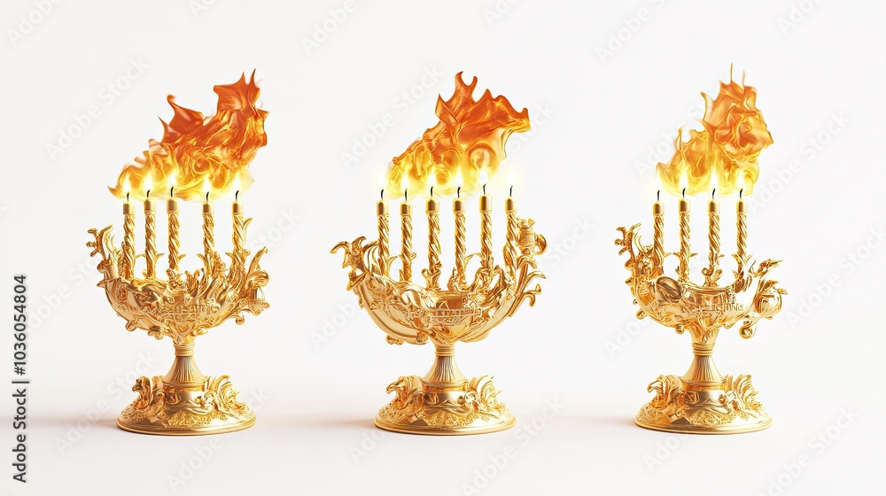Poster beautiful hanukkah menorahs with burning candles in festive display generative ai