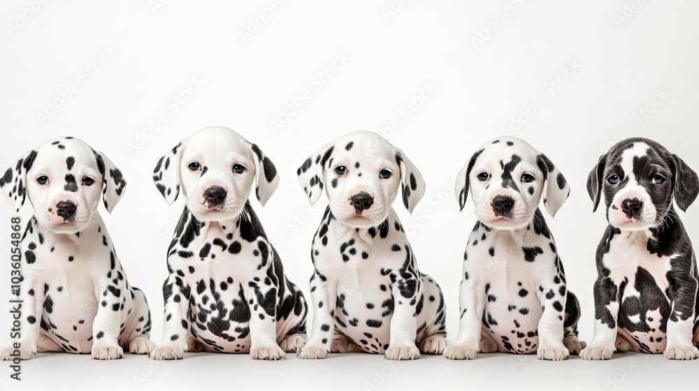 Poster happy dalmatian puppies posing together in a bright studio setting generative ai