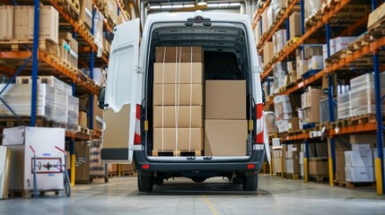 A delivery van loading parcels, warehouse setting with shelves, Documentary style