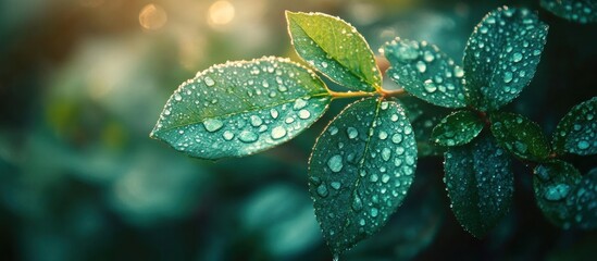 Close up of green leaves with dew drops.